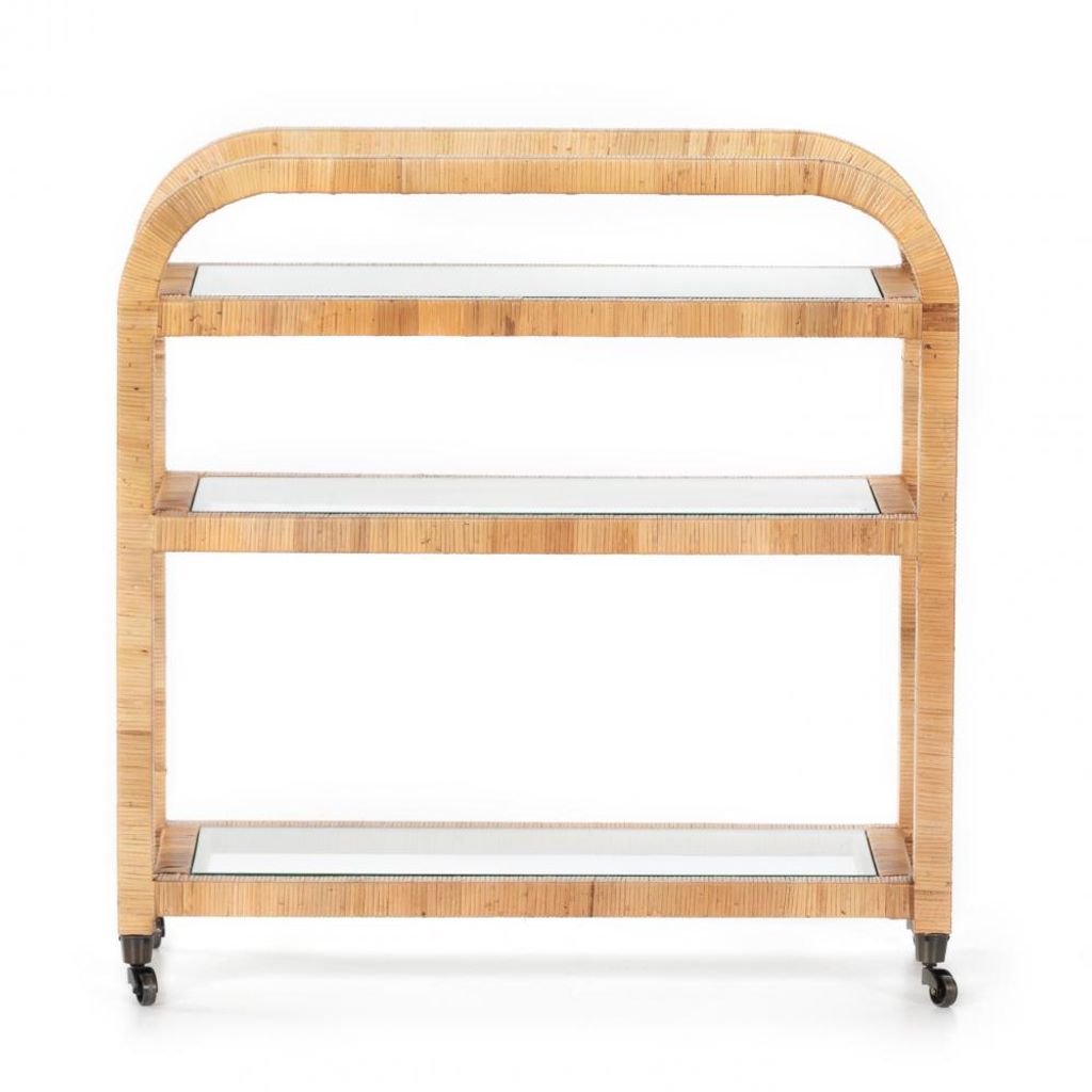 Three Tier Honey Rattan Curved Rectangle Bar Cart Server with Glass Shelves