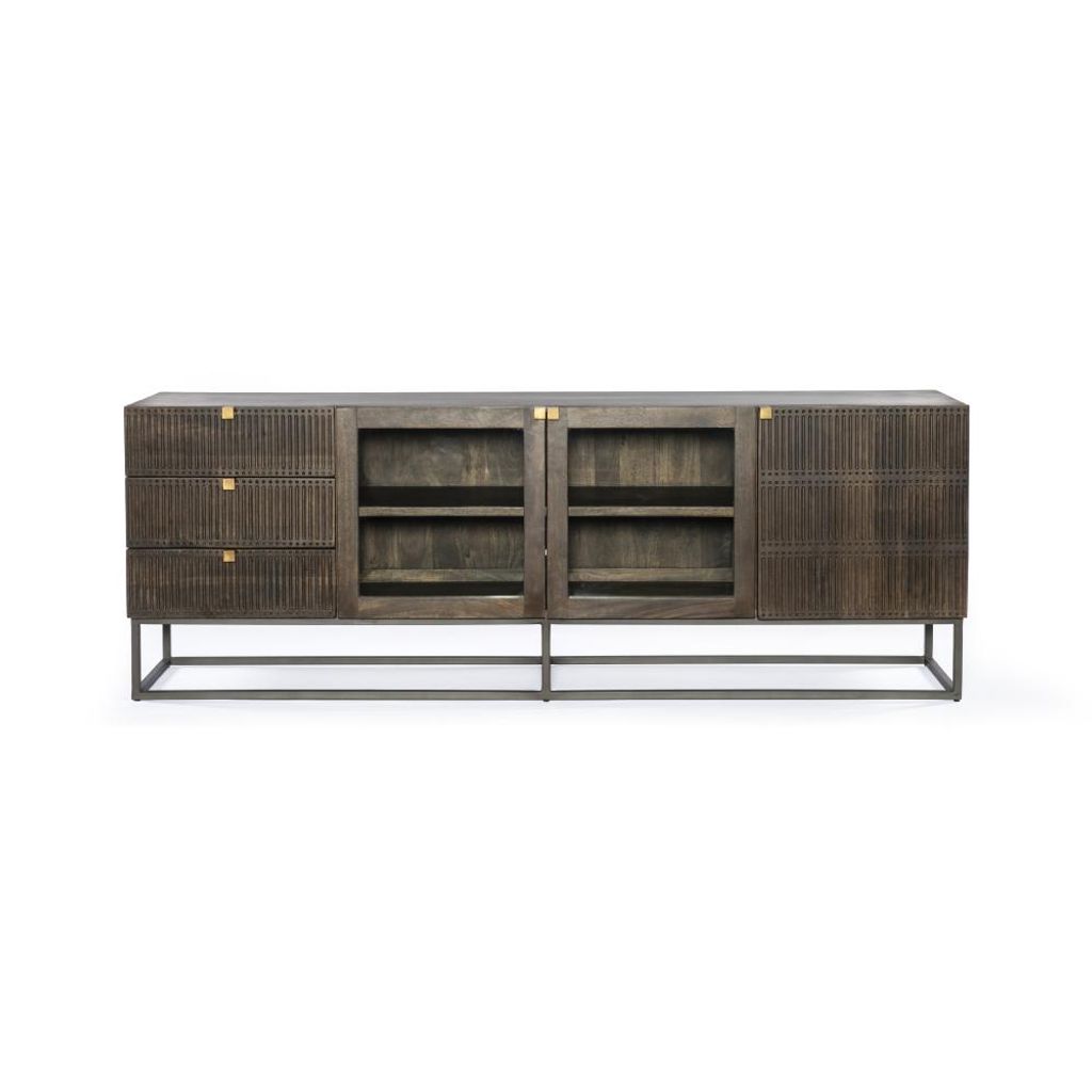 Preview image for Carved Media Console Storage Cabinet Brown Solid Mango Wood + Iron Base 79 inch