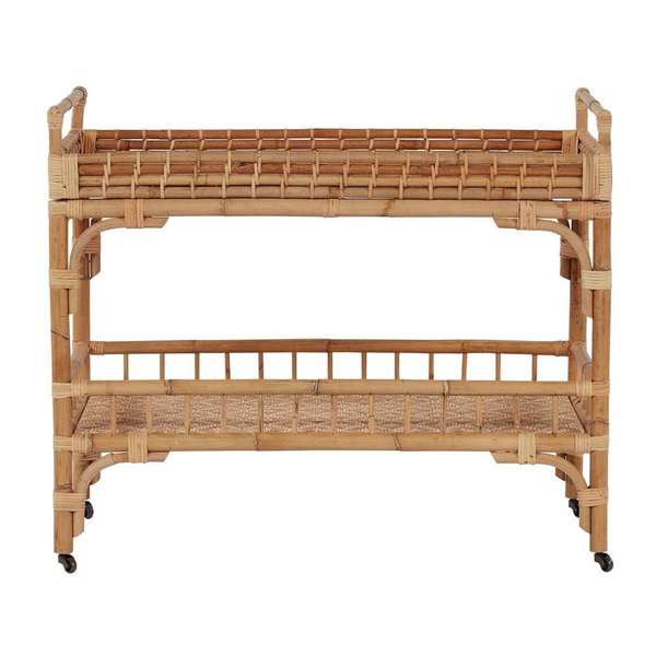 Coastal Beach Rattan Two Tier Bar Cart Server with Wheels
