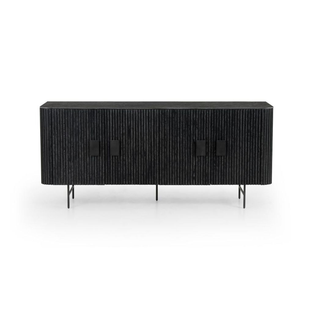 Preview image for Curved and Slatted Bluestone Top Sideboard in Washed Black Oak 71 inch