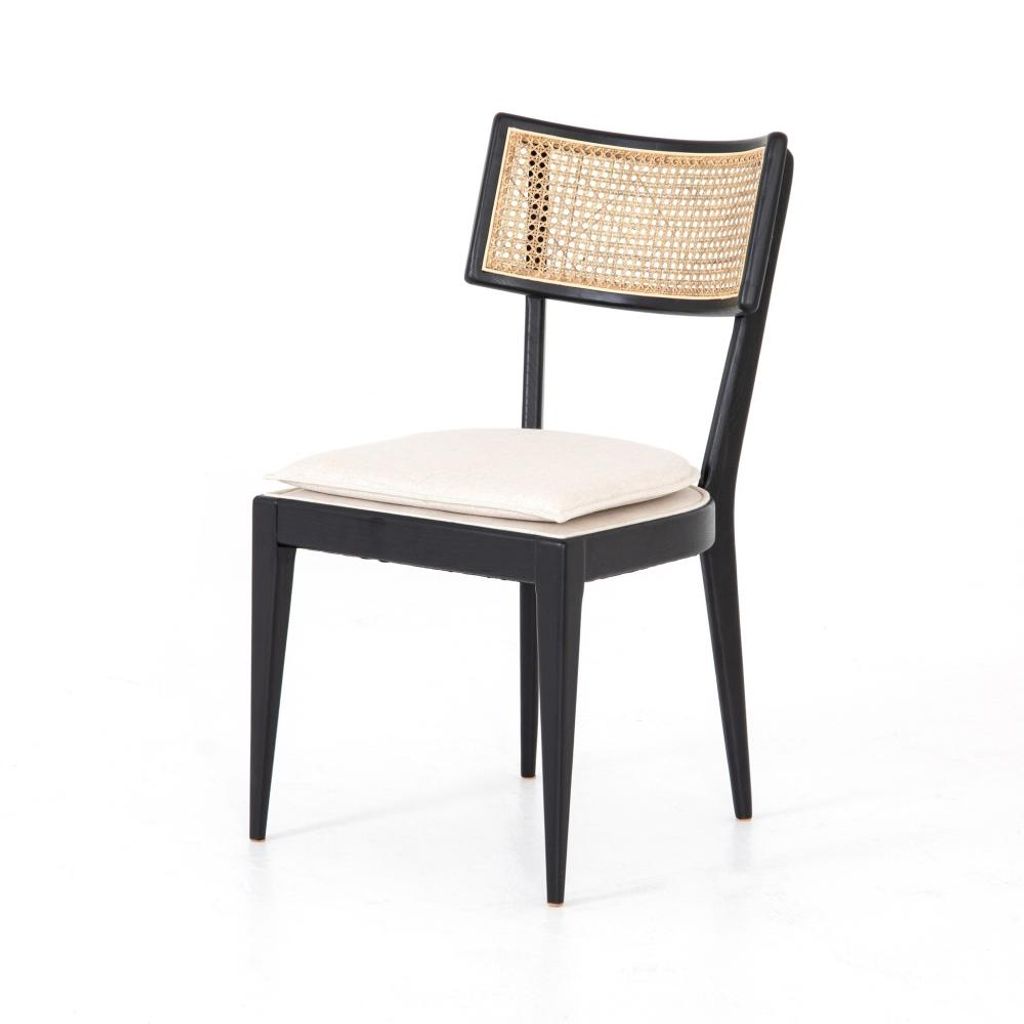 Preview image for Cane Back Armless Dining Chair Brushed Ebony Solid Wood Performance Fabric Linen Cushion