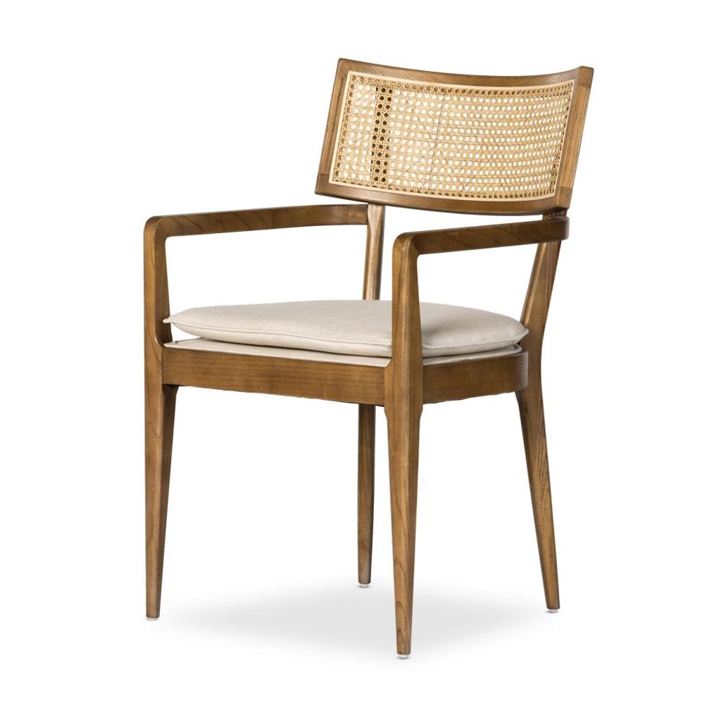 Preview image for Cane Back Dining Armchair Solid Wood Performance Fabric Linen Cushion