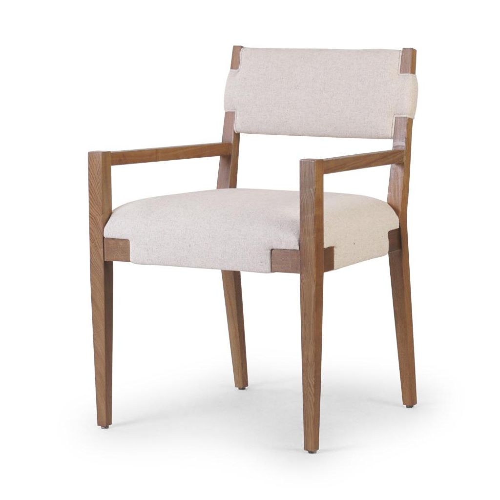 Preview image for Light Finished Solid Ash Wood Armchair Dining Chair Neutral Linen Blend Performance Fabric Seat