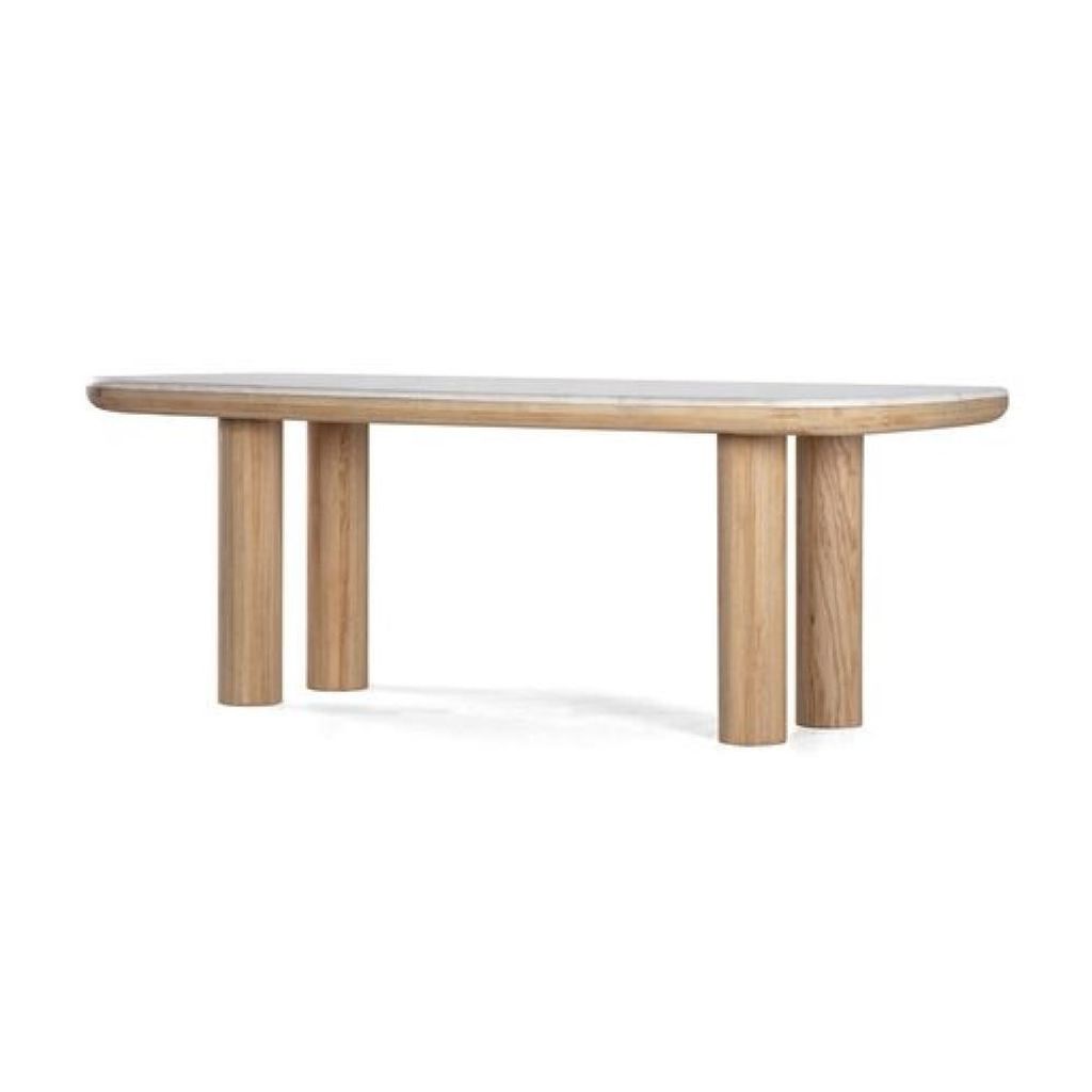Preview image for Rounded Marble Top Pillar Legs Rectangular Dining Table FSC Certified Oak Wood 84 inch