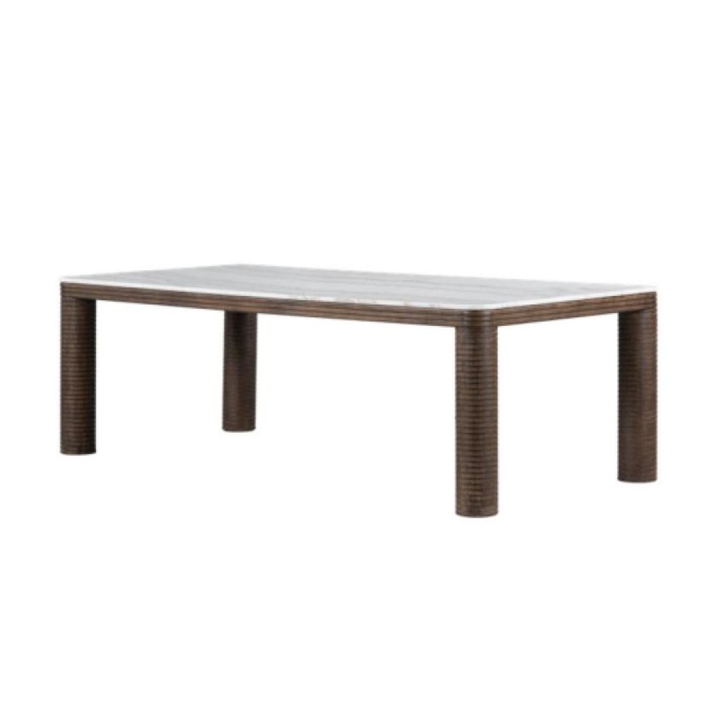 Preview image for White Marble Top Rectangle Dining Table with Carved Brown Oak Wood Round Legs 95 inch
