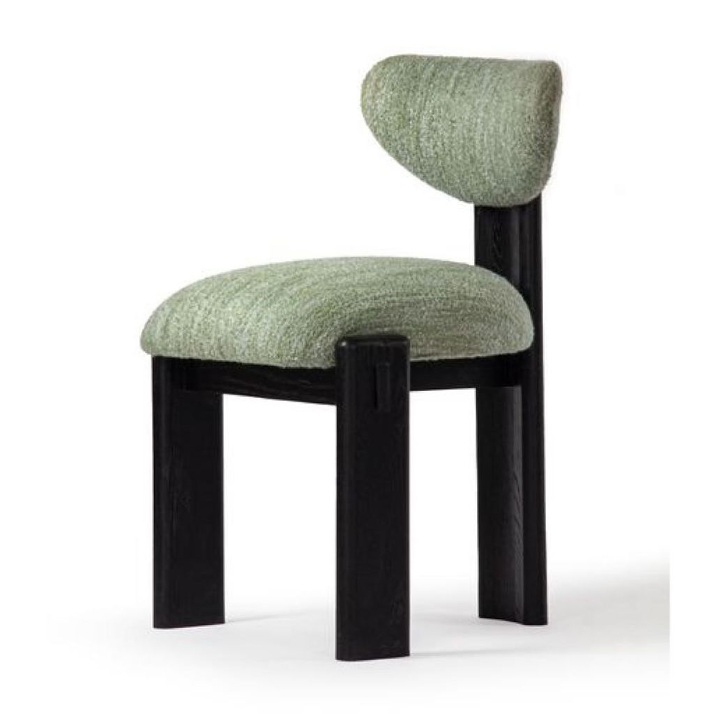 Preview image for Modern Three Leg Armless Dining Chair FSC Solid Oak Black Finish Green Fabric
