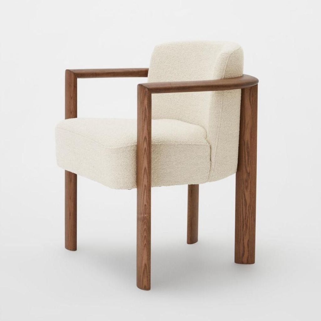 Preview image for Italian Curved Back Armchair Dining Chair Cream Boucle Solid Ash Wood