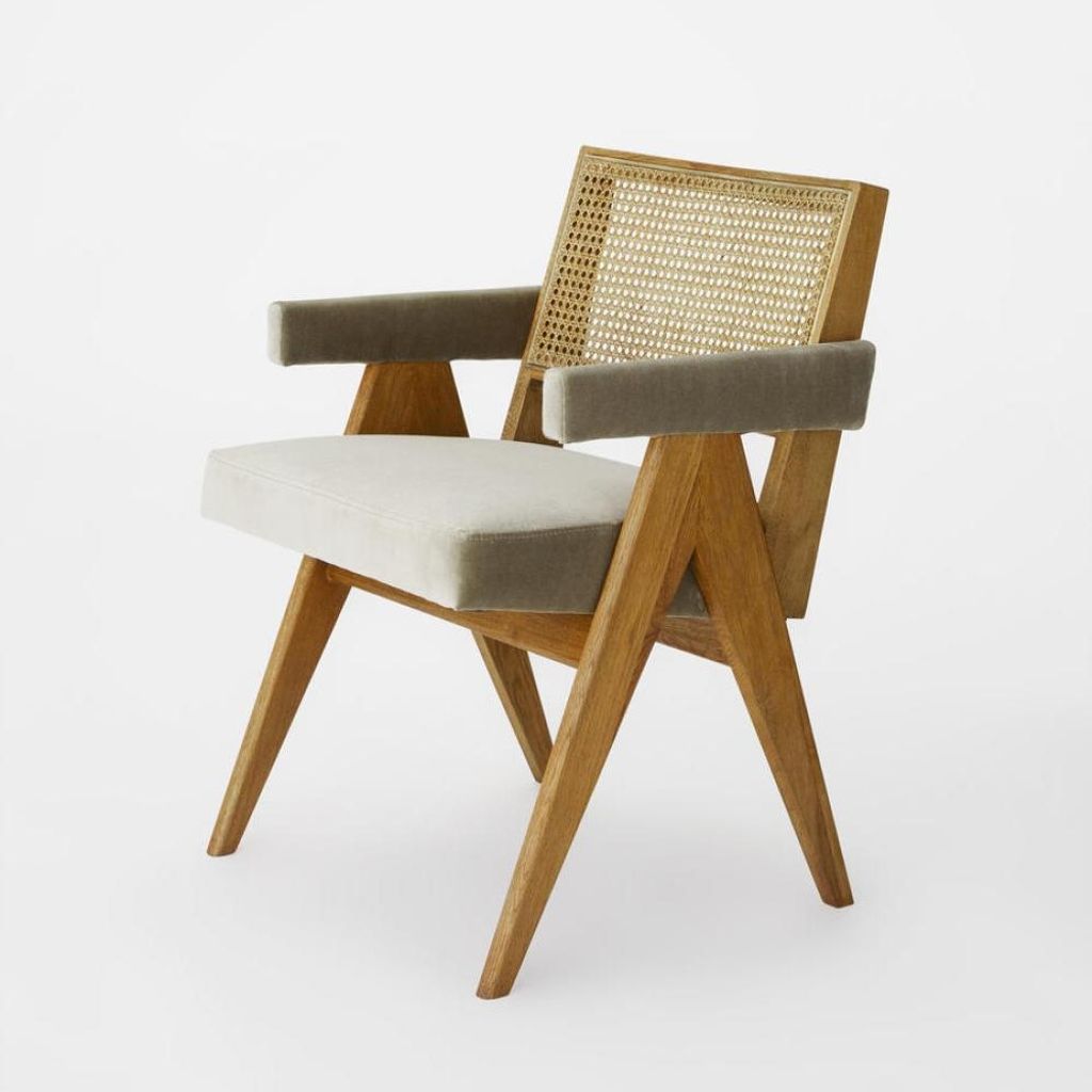 Preview image for Mid-Century Style Cane Back Armchair Dining Chair Solid Oak Wood Fern Green Velvet