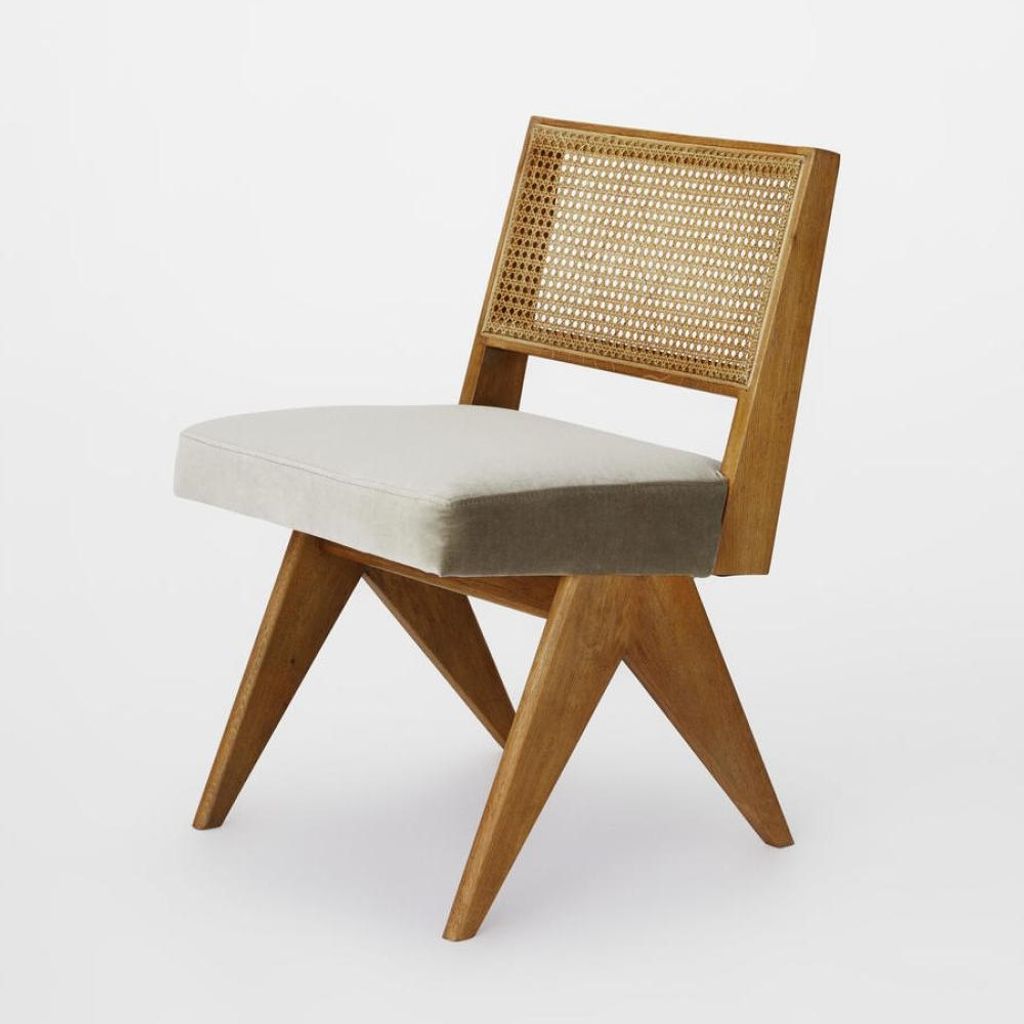 Preview image for Mid-Century Style Cane Back Armless Dining Chair Solid Oak Wood Fern Green Velvet