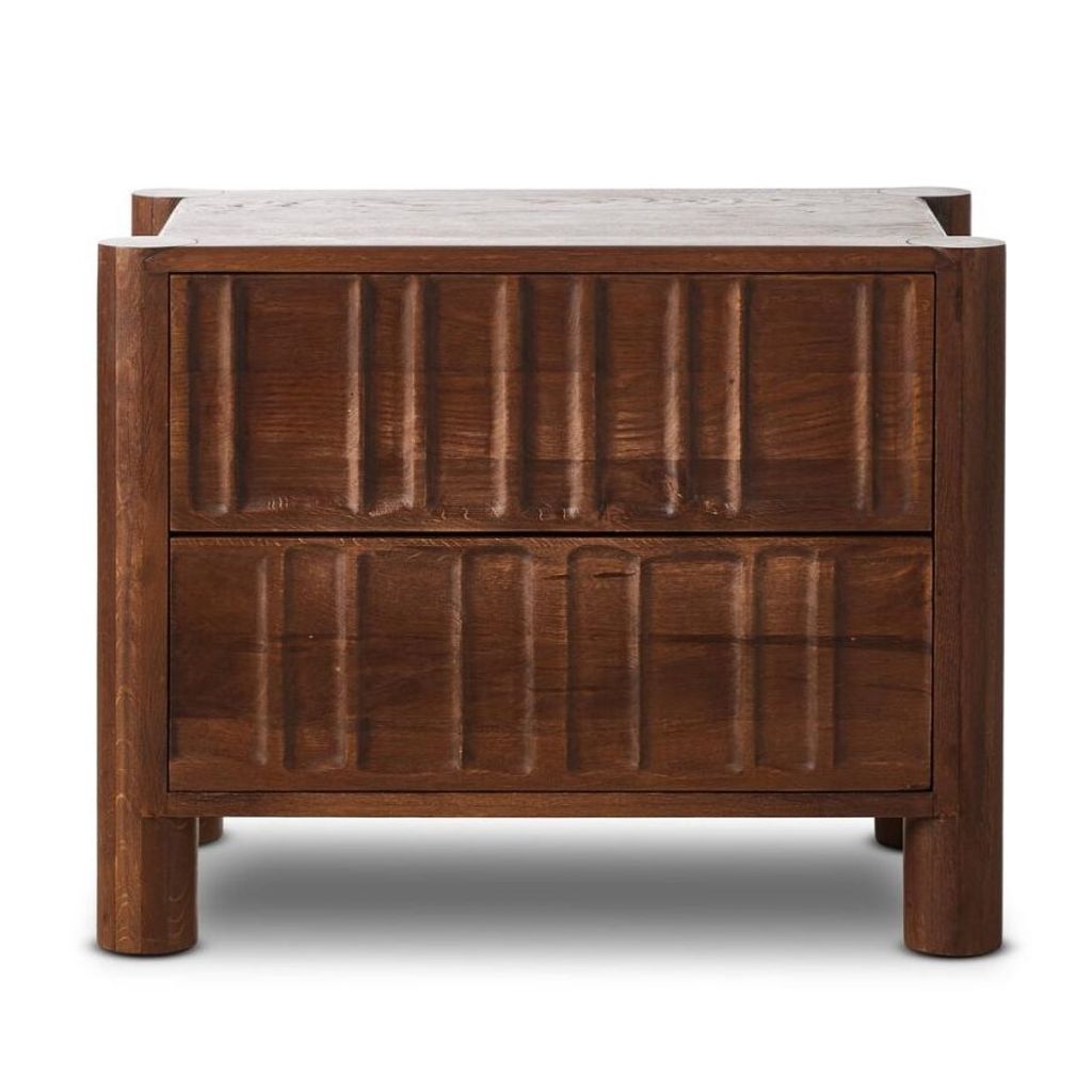Preview image for Carved Cocoa Brown Solid Oak Wood 2 Drawer Nightstand 32 inch