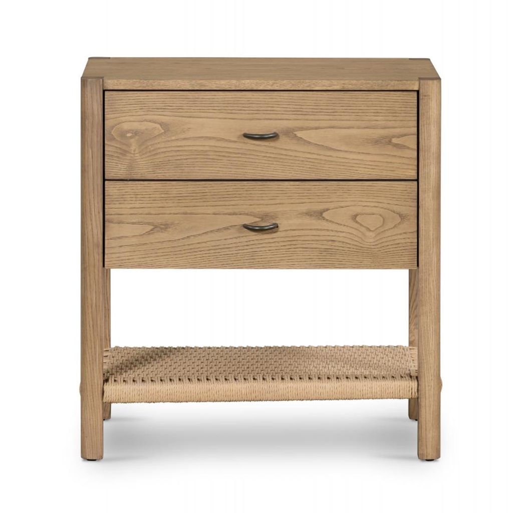 Preview image for 2 Drawer Woven Shelf Nightstand Solid Ash Wood in Dune Finish 24 inch