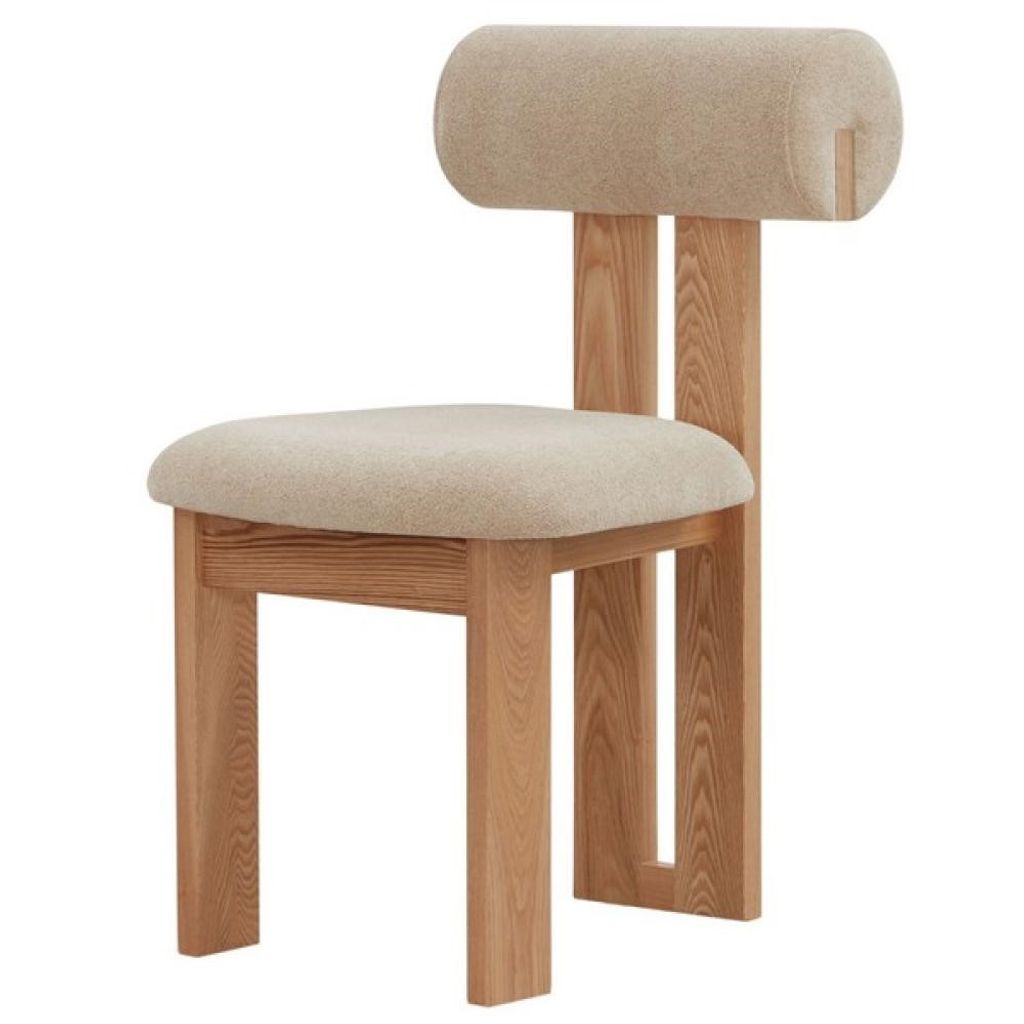 Preview image for Modern Rolled Back Armless Dining Chair Tan Boucle & Natural Finish Wood
