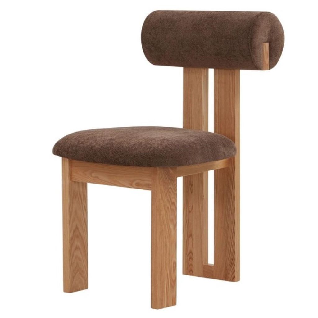 Preview image for Modern Rolled Back Armless Dining Chair Dark Brown Boucle & Natural Finish Wood