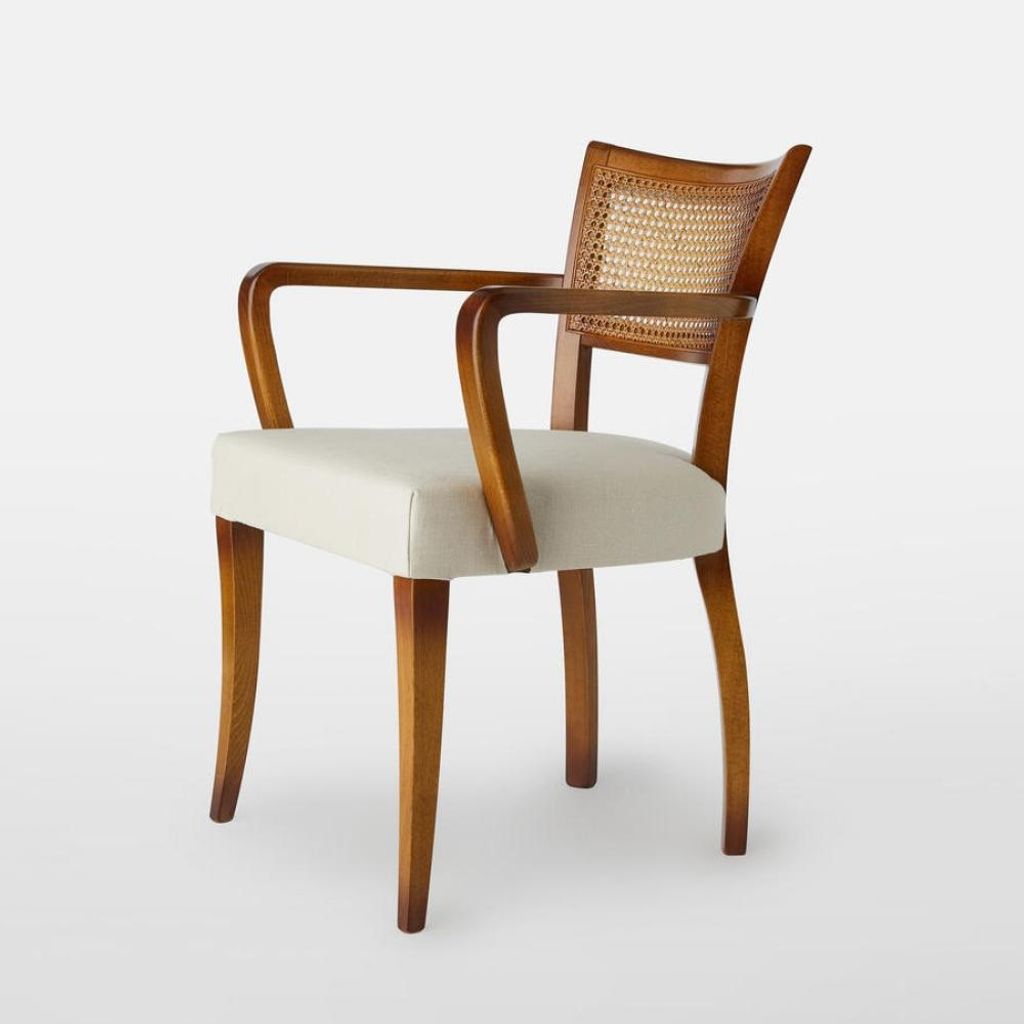 Preview image for Italian Curved Cane Back Armchair Dining Chair Beech Wood with Slubby Linen