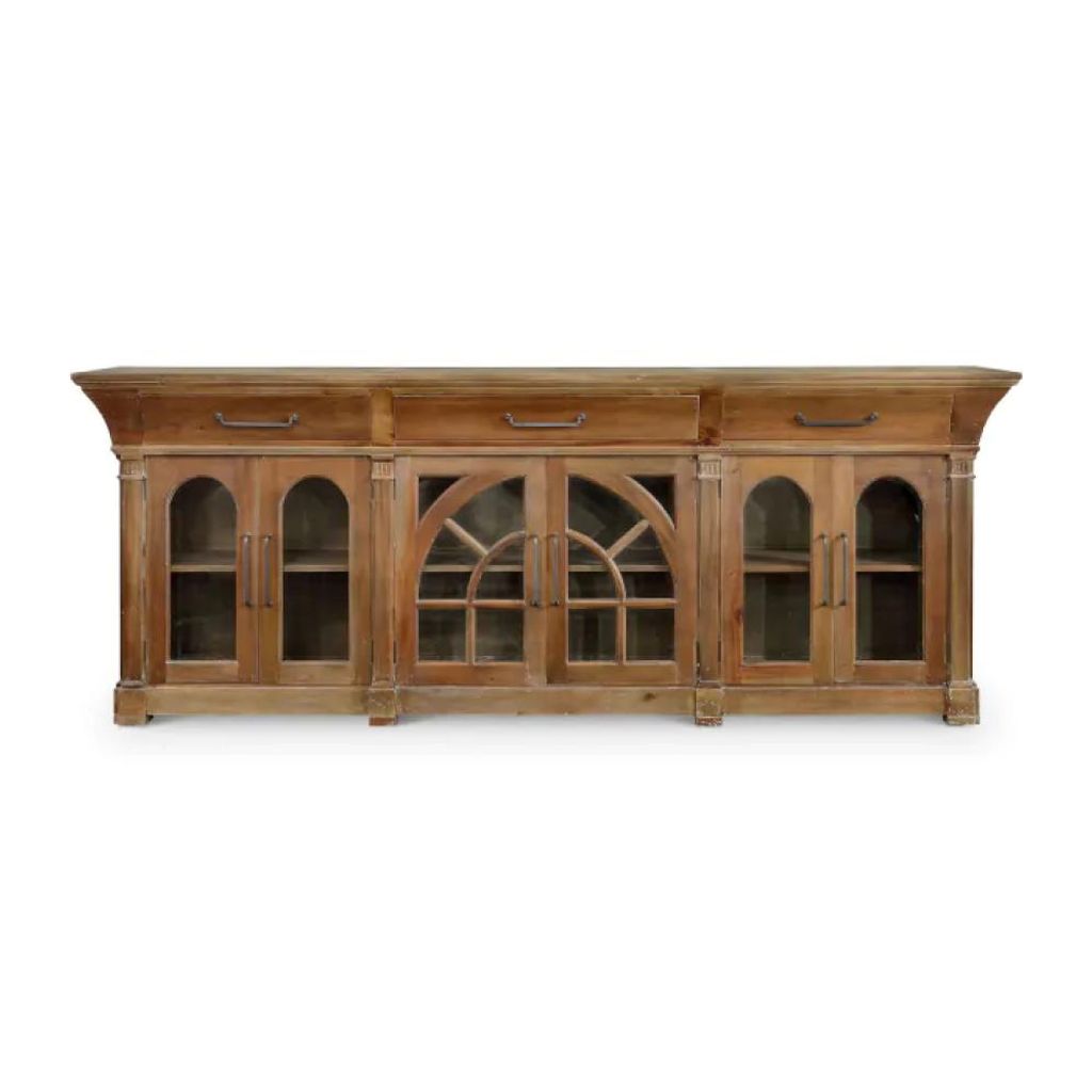 Preview image for Modern Farmhouse Glass Front Solid Mahogany Wood Buffet Sideboard 110 inch