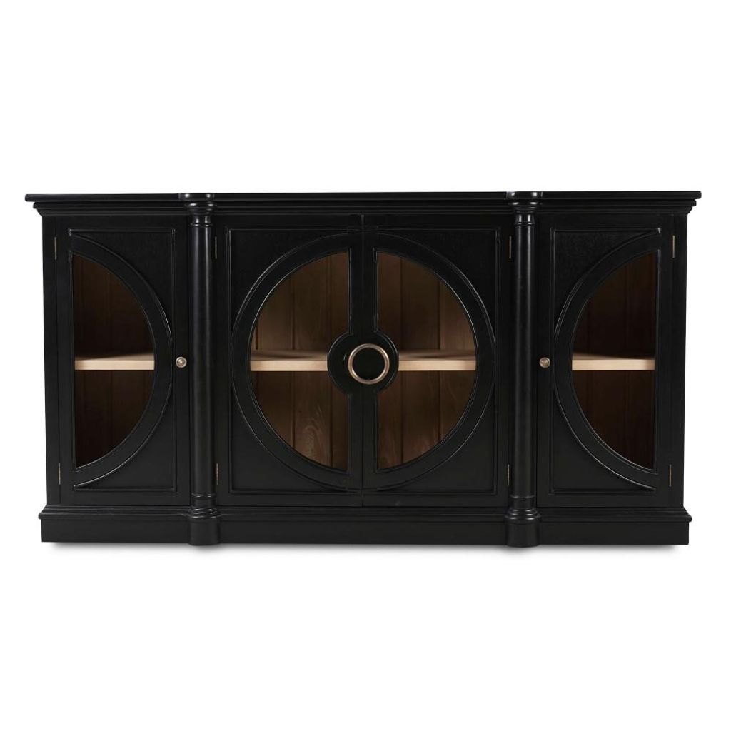 Preview image for Black Circular Glass 4 Door Sideboard Credeza Cabinet Solid Mahogany Wood 77 inch