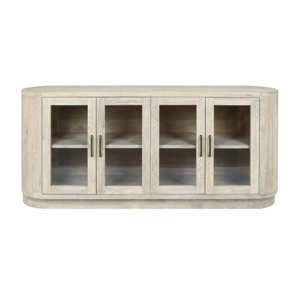 Preview image for Coastal Beach Curved Sideboard Buffet Glass Door Cabinet Cream Washed 78 inch