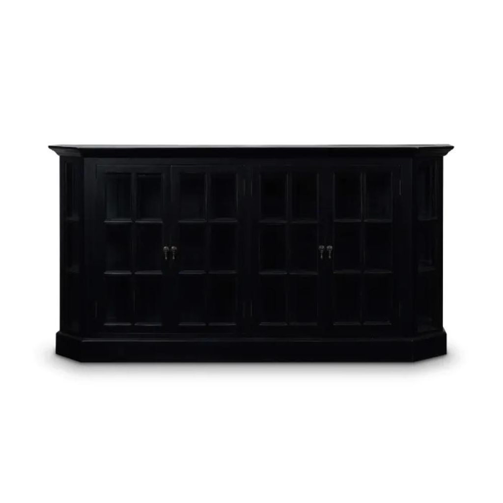 Preview image for Black Glass 4 Door Sideboard Credeza Cabinet Solid Mahogany Wood 72 inch