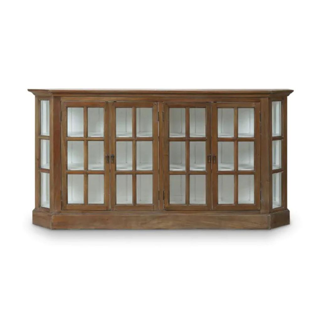 Preview image for Brown Straw Wash Glass 4 Door Sideboard Credeza Cabinet Solid Mahogany Wood 72 inch