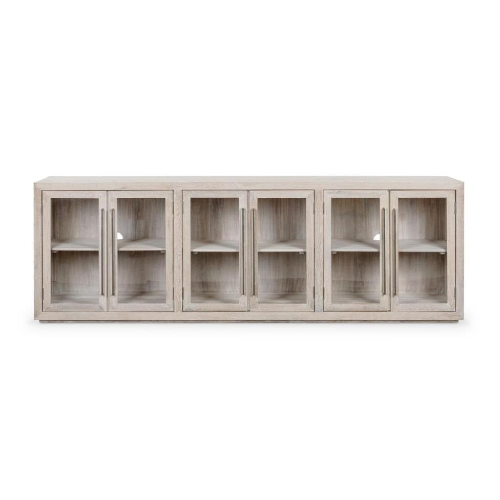 Preview image for Coastal Beach Whitewash Sideboard Buffet Glass Door Cabinet Oak Wood 108 inch