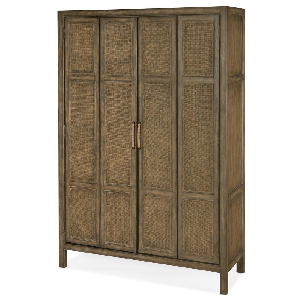 Preview image for Brown Modern Coastal Rattan & Wood Tall Bar Cabinet with Wine Storage & Light 51 inch