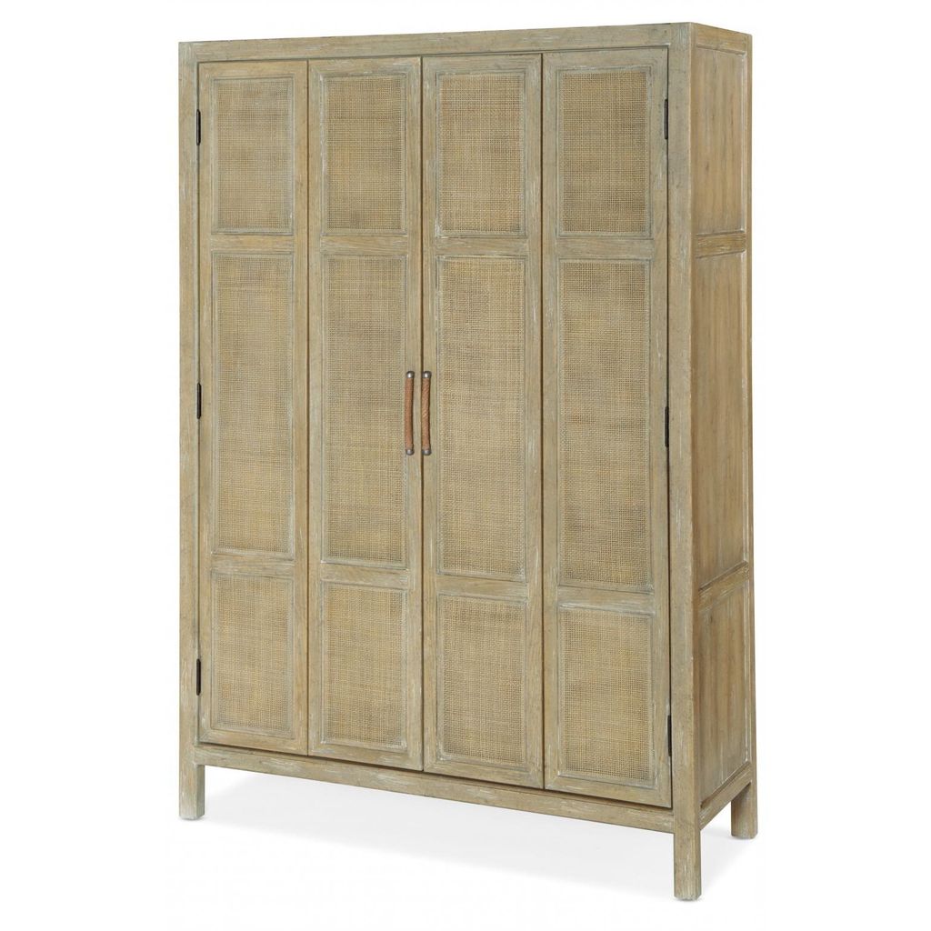 Preview image for Modern Coastal Rattan & Natural Wood Tall Bar Cabinet with Wine Storage & Light 51 inch