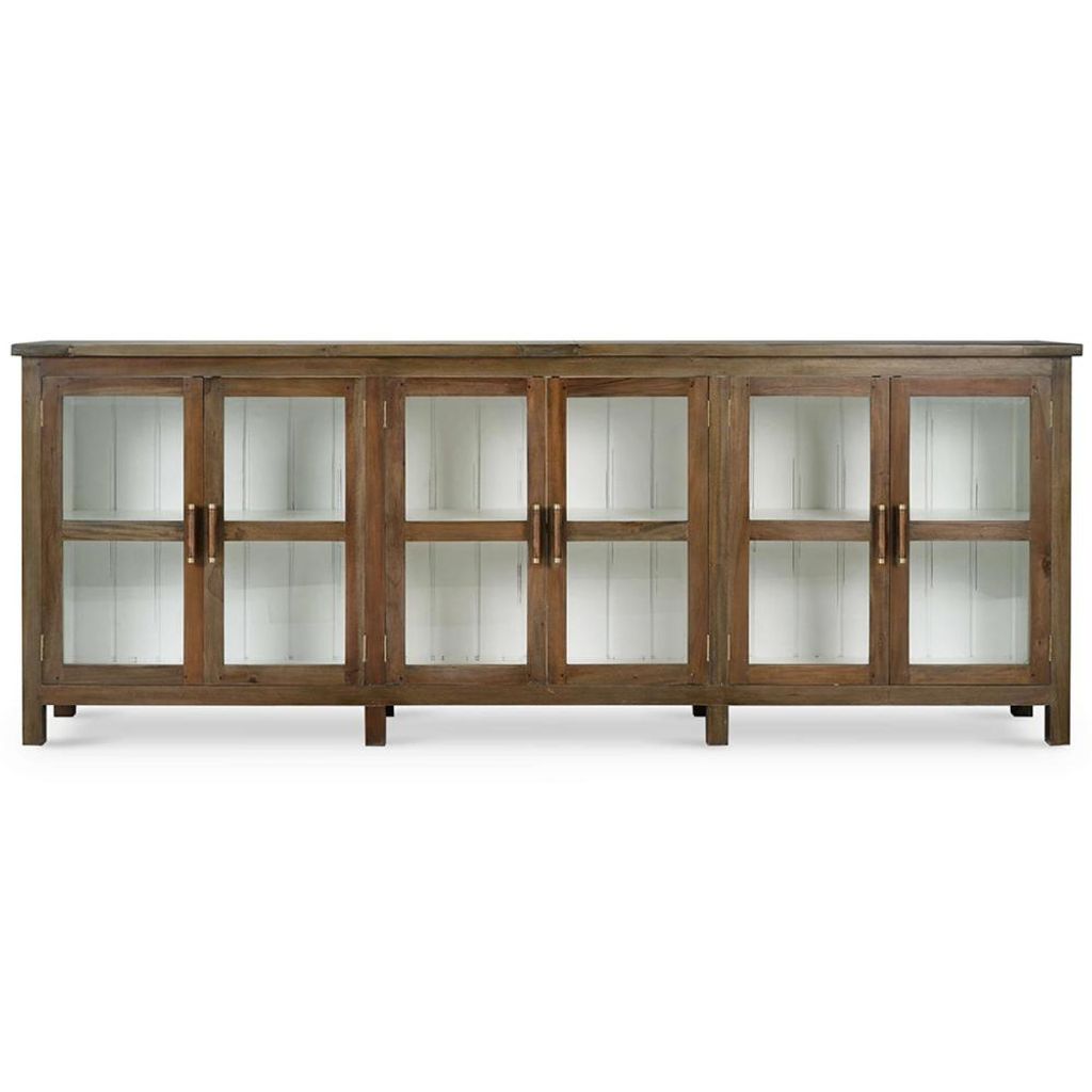 Preview image for Modern Farmhouse 6 Glass Door Sideboard Buffet Brown Wash & White Interior 104 inch