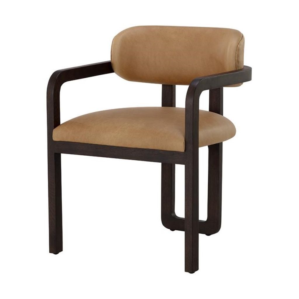 Preview image for Modern Curved Back 3 Leg Dining Chair Armchair Brown Oak Wood & Leather
