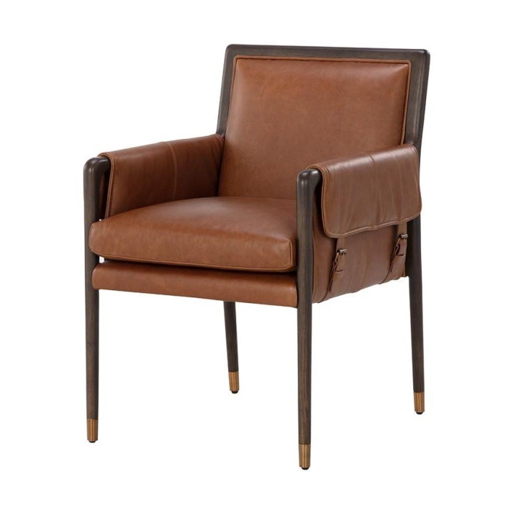 Preview image for Mid-Century Style Brown Leather Dining Chair Armchair Solid Oak Wood