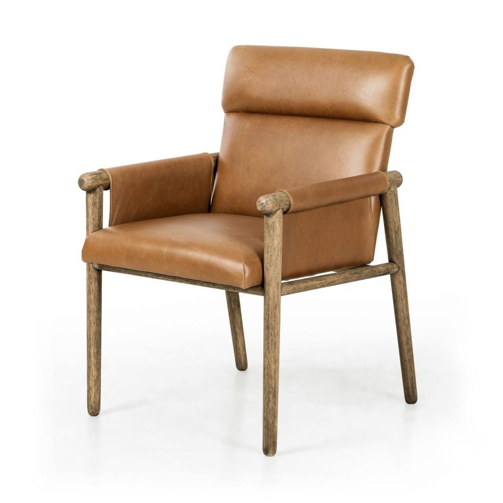 Preview image for Mid-Century Style Camel Leather Wrapped Sling Arms Dining Chair Armchair Wood Frame