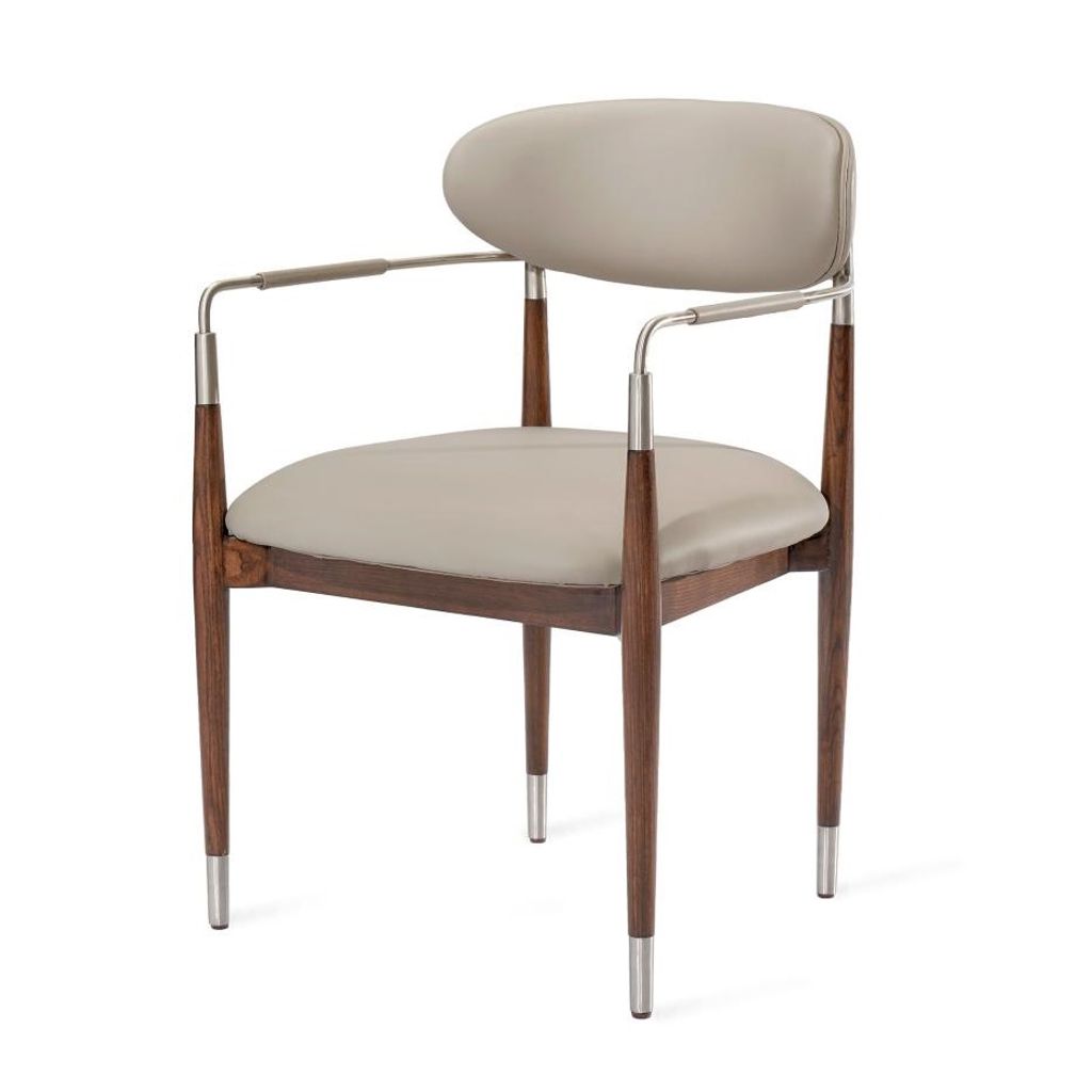 Preview image for Satin Nickel & Gray Faux Leather Modern Dining Chair Armchair Walnut Wood