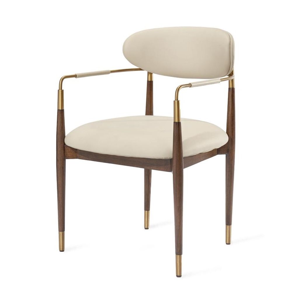 Preview image for Satin Brass & Cream Faux Leather Modern Dining Chair Armchair Walnut Wood