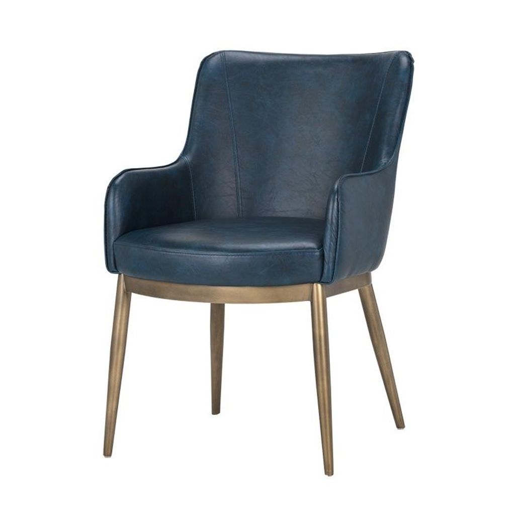 Preview image for Barrel Back Dining Armchair Blue Faux Leather & Antique Brass Steel Frame