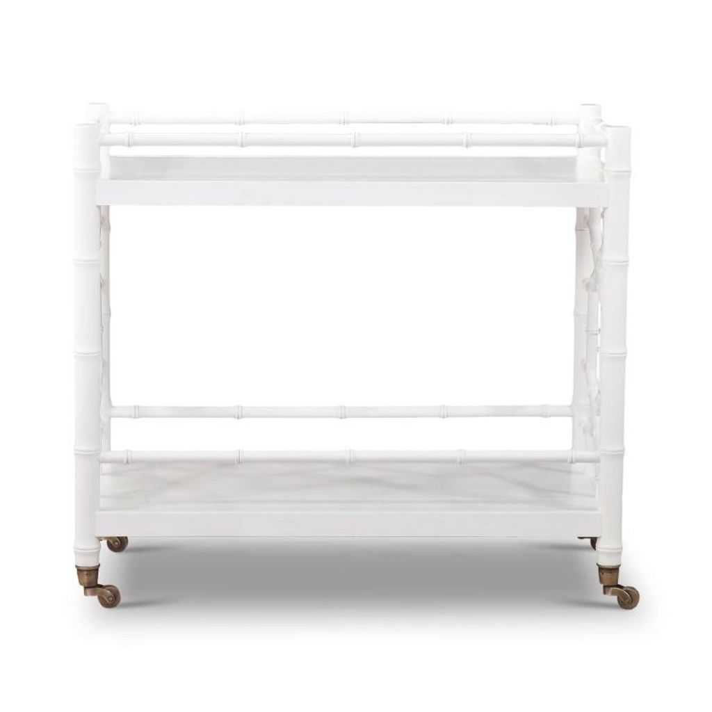 Hollywood Regency White Bamboo Fretwork Rectangle Bar Cart Mahogany Wood Server