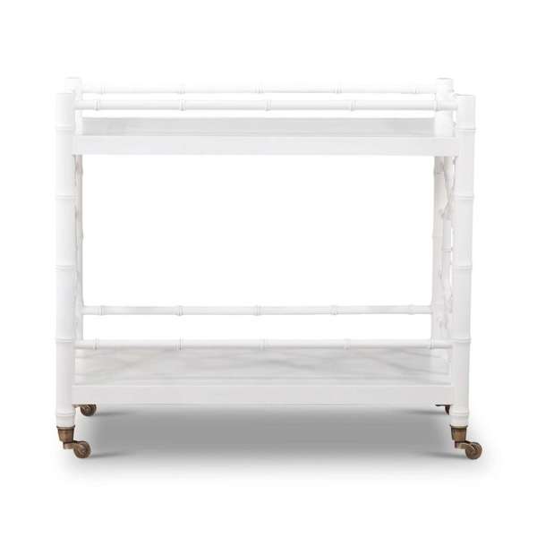 Hollywood Regency White Bamboo Fretwork Rectangle Bar Cart Mahogany Wood Server