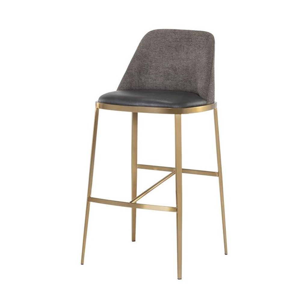 Preview image for Charcoal Faux Leather & Grey Fabric Bar Stool Brushed Gold Legs