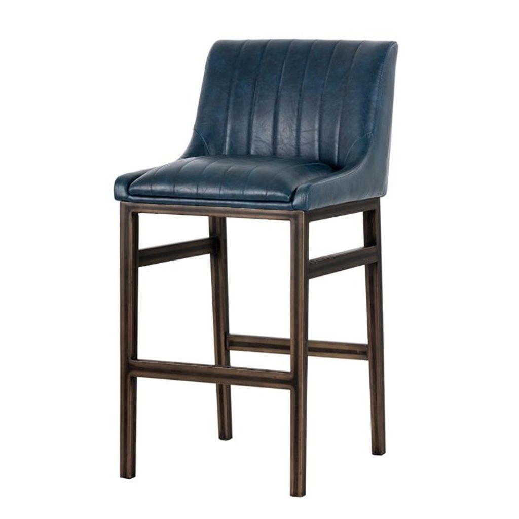 Preview image for Blue Faux Leather Channel Tufted Tavern Bar Stool Bronze Metal Frame
