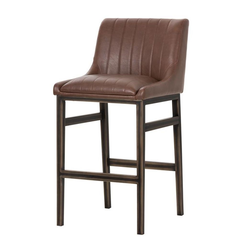 Preview image for Cognac Brown Faux Leather Channel Tufted Tavern Bar Stool Bronze Metal Frame