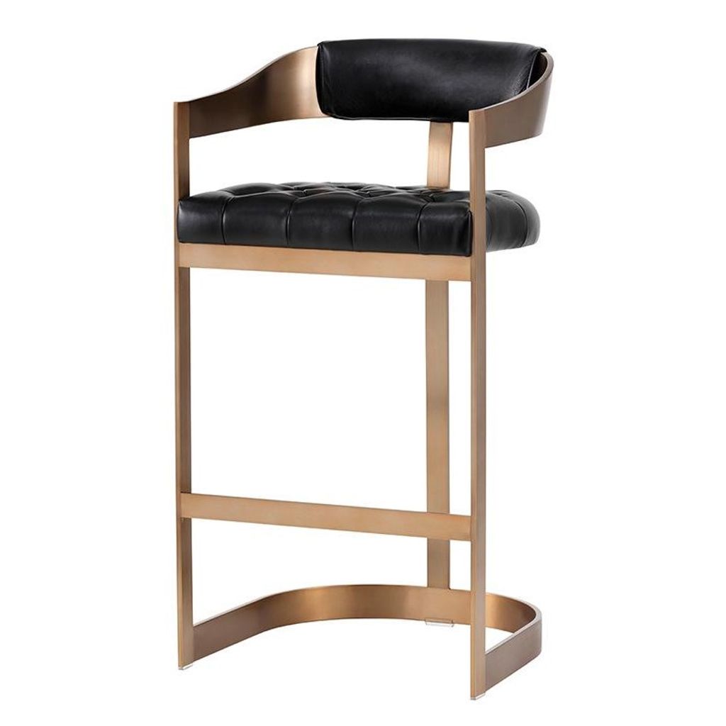 Preview image for Mid-Century Curved T-Back Bar Stool Antique Brass & Black Bonded Leather