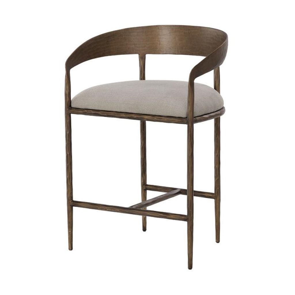 Preview image for Forged Metal Curved Back Counter Height Bar Stool Antique Brass & Grey Fabric Seat