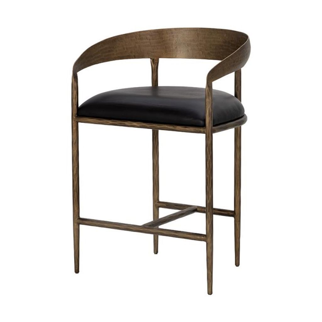 Preview image for Forged Metal Curved Back Counter Height Bar Stool Antique Brass & Black Leather