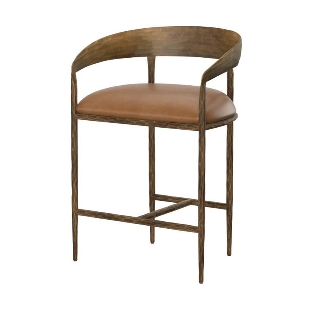 Preview image for Forged Metal Curved Back Counter Height Bar Stool Antique Brass & Tan Leather