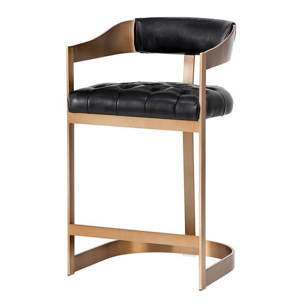 Preview image for Curved T-Back Counter Height Bar Stool Antique Brass & Black Bonded Leather