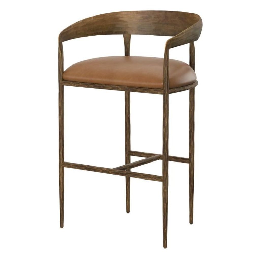 Preview image for Forged Metal Curved Back Bar Stool Antique Brass & Tan Leather