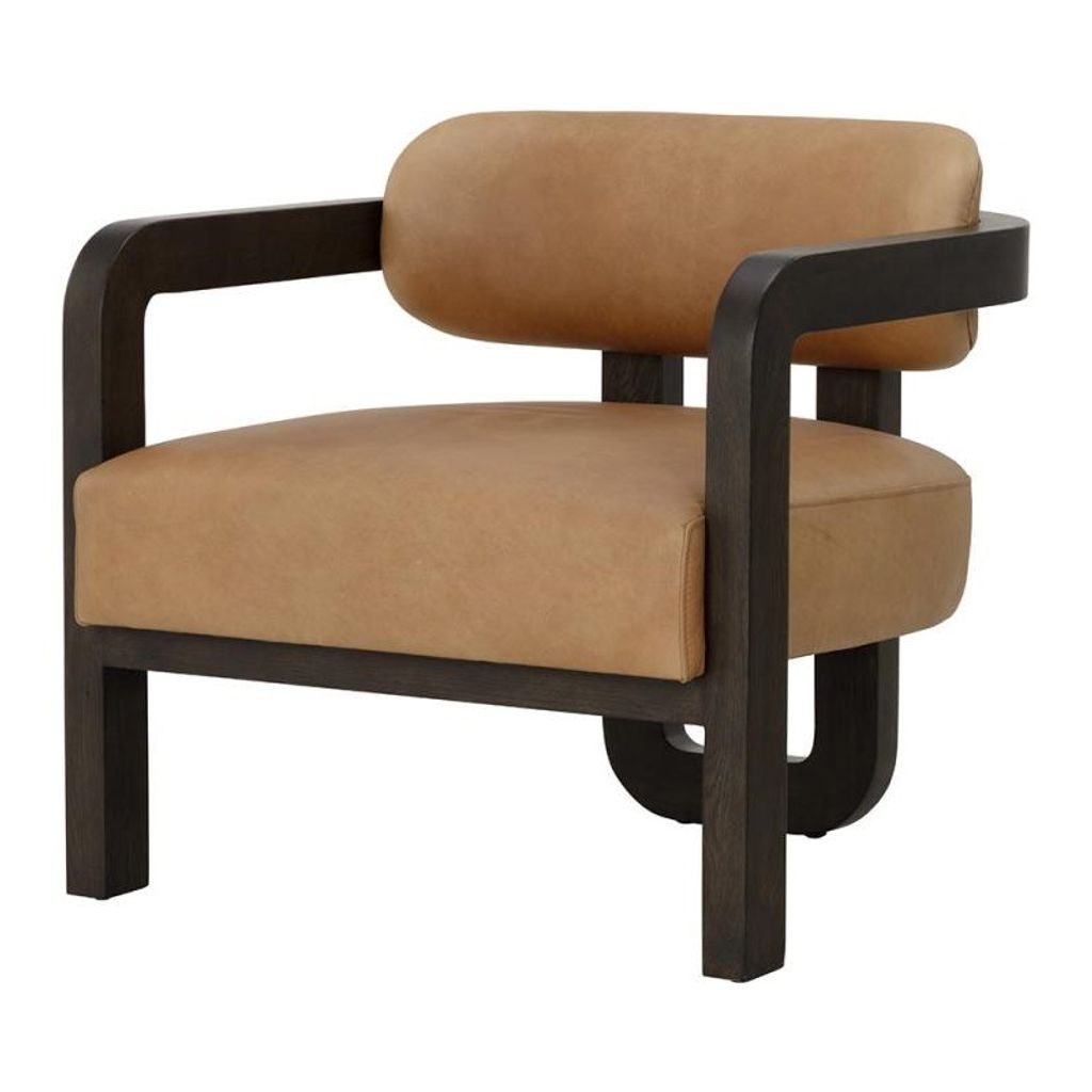 Preview image for Modern Curved Back 3 Leg Lounge Chair Armchair Brown Oak Wood & Leather