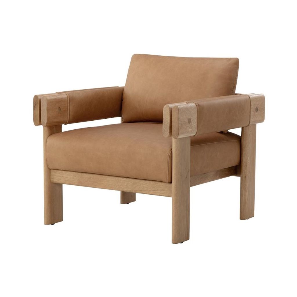 Preview image for Tan Leather & Solid Oak Wood Lounge Chair Armchair Natural Finish