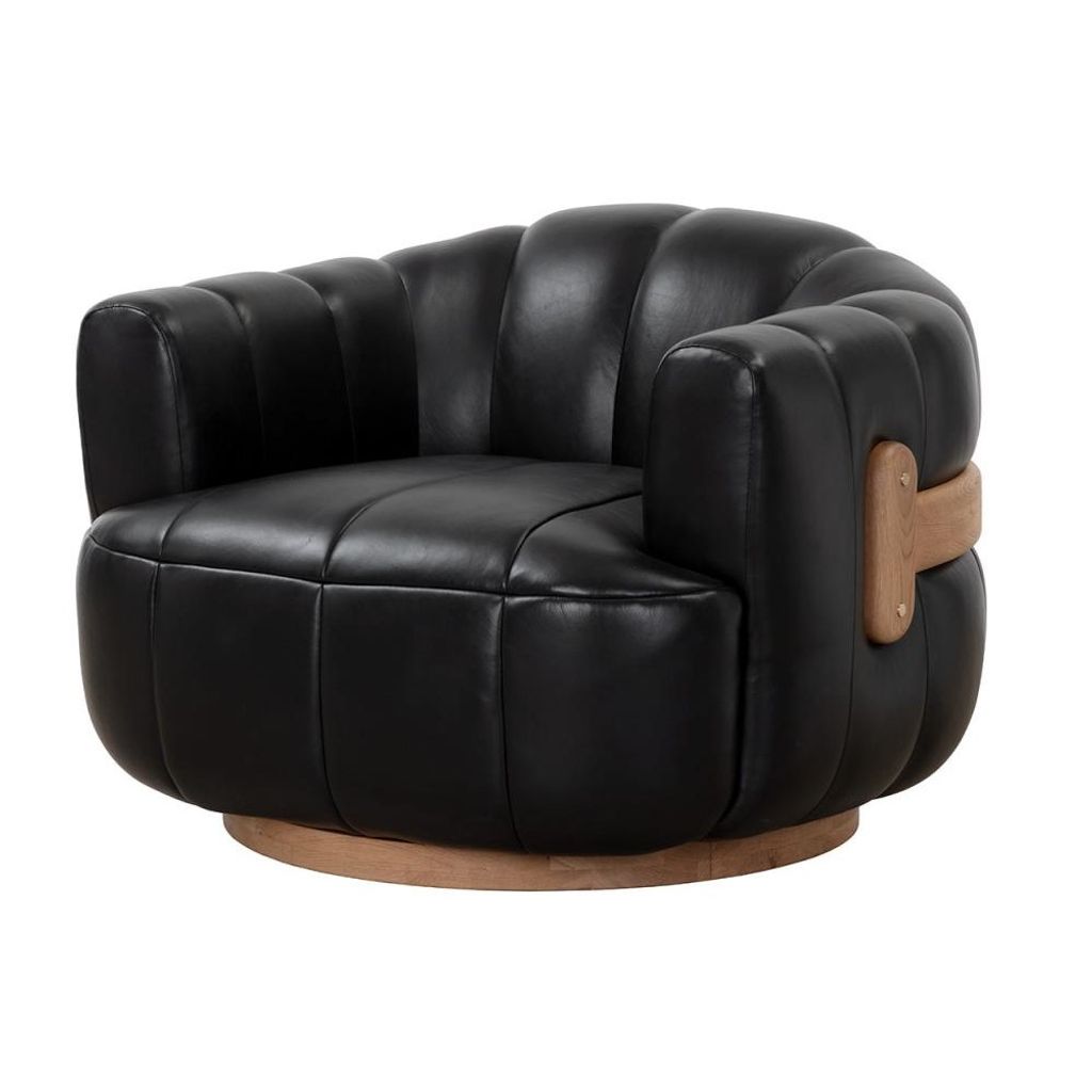 Preview image for Channel Tufted Black Leather & Solid Oak Wood Swivel Armchair Lounge Chair