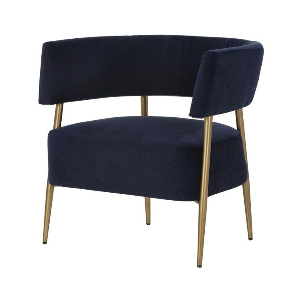 Preview image for Contemporary Barrel Back Lounge Chair Navy Blue Fabric & Brass Legs