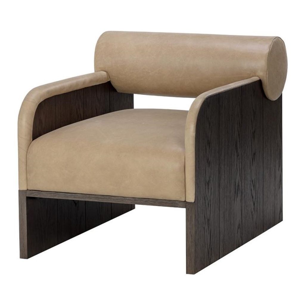 Preview image for Contemporary Sand Leather Rolled Back Lounge Chair Armchair Dark Brown Oak