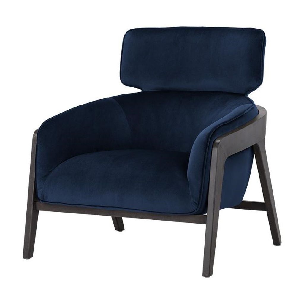Preview image for Exposed Brown Solid Birch Wood Frame Lounge Chair Blue Velvet Armchair